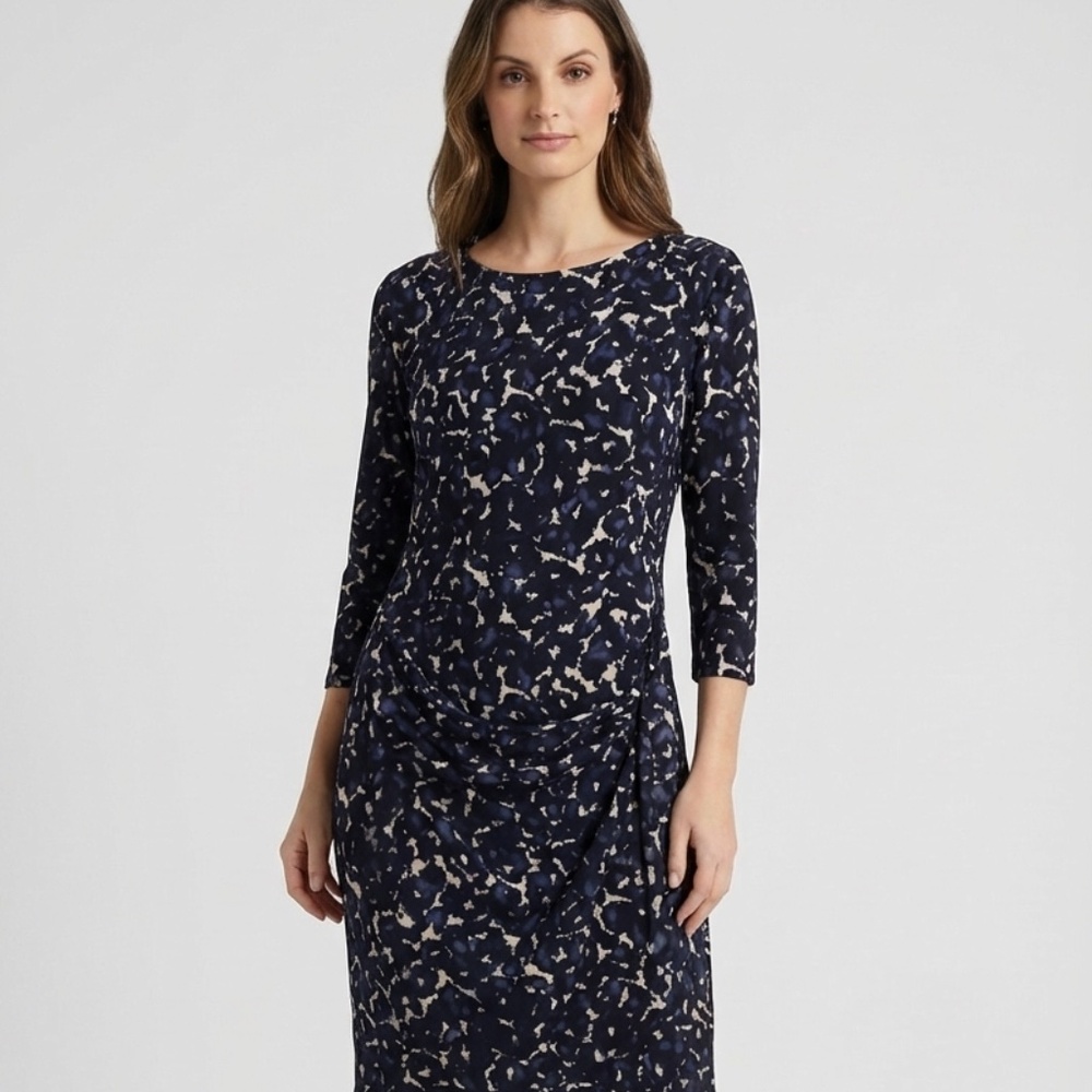 Elegant Navy & Black Animal Patterned 3/4 Sleeve Dress w/ Tie Wrap (Size Medium)